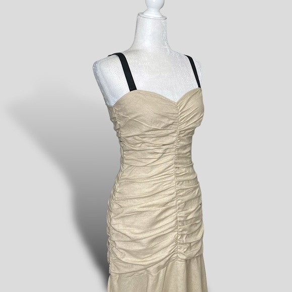 NWT Anthropologie ATSU Ruched Drop Waist Beige Midi Linen Blend Strap Dress - Picture 5 of 14